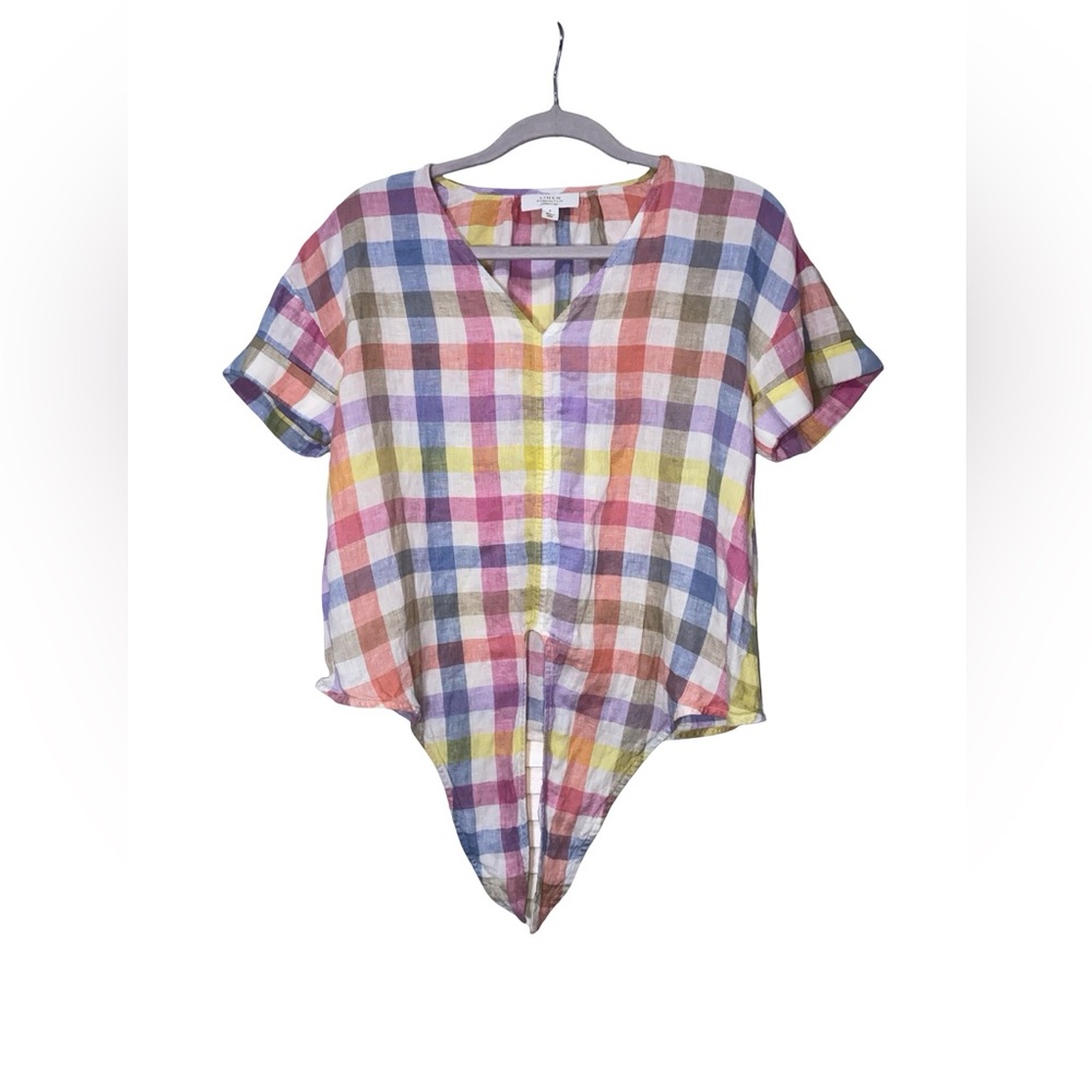 Charter Club Luxury Linen Multi-Color Gingham Tie-Front Blouse - Size S